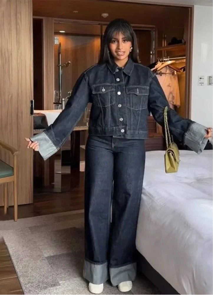 Velauras™ Lorelei - Kollu Denim İki Parçalı Set