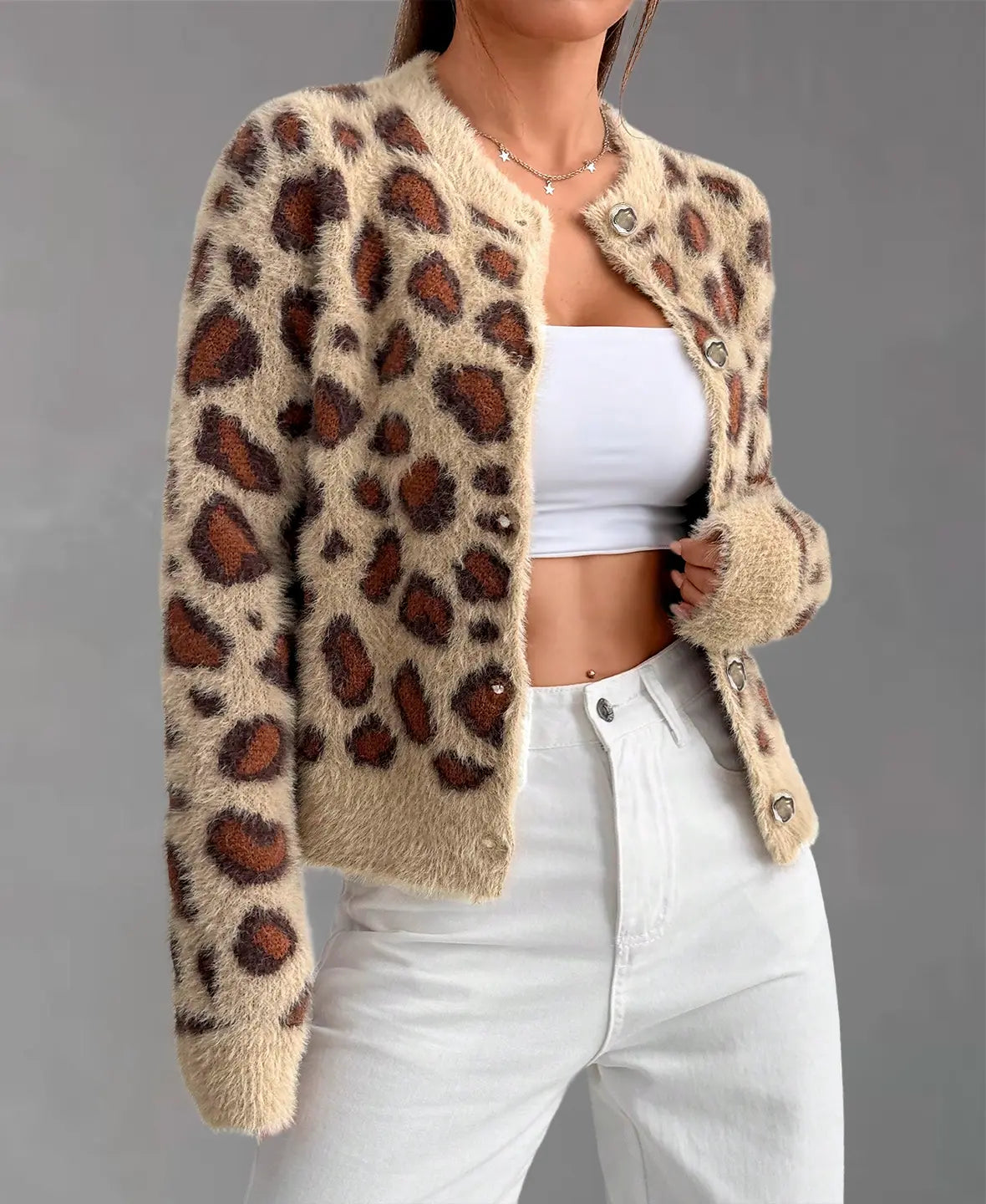 Velauras™ Leopar Desenli Tüylü Triko Hırka