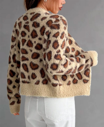 Velauras™ Leopar Desenli Tüylü Triko Hırka