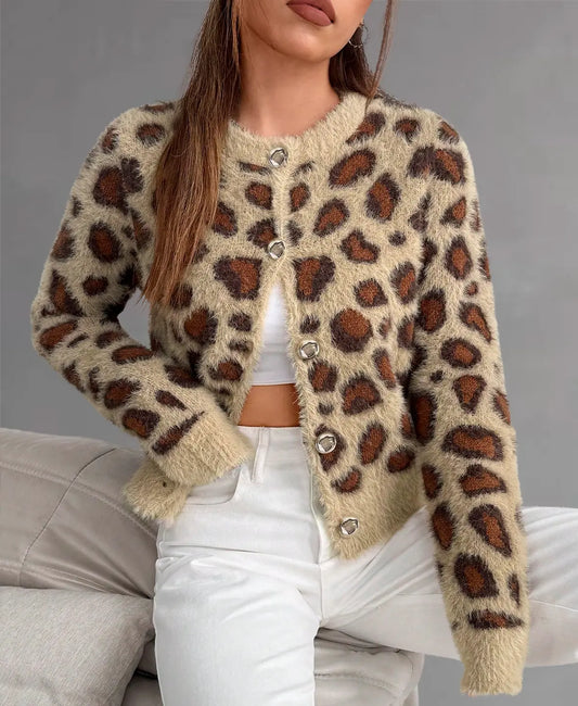 Velauras™ Leopar Desenli Tüylü Triko Hırka