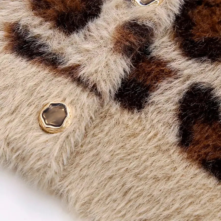 Velauras™ Leopar Desenli Tüylü Triko Hırka