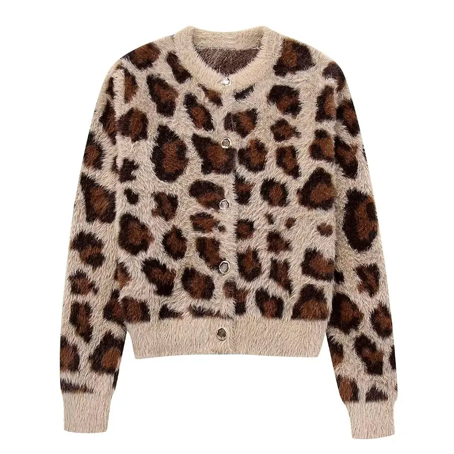 Velauras™ Leopar Desenli Tüylü Triko Hırka
