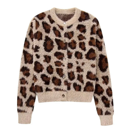 Velauras™ Leopar Desenli Tüylü Triko Hırka