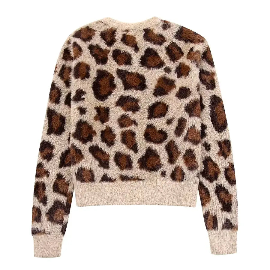 Velauras™ Leopar Desenli Tüylü Triko Hırka