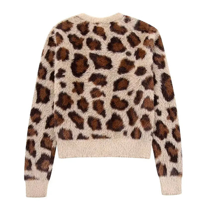 Velauras™ Leopar Desenli Tüylü Triko Hırka
