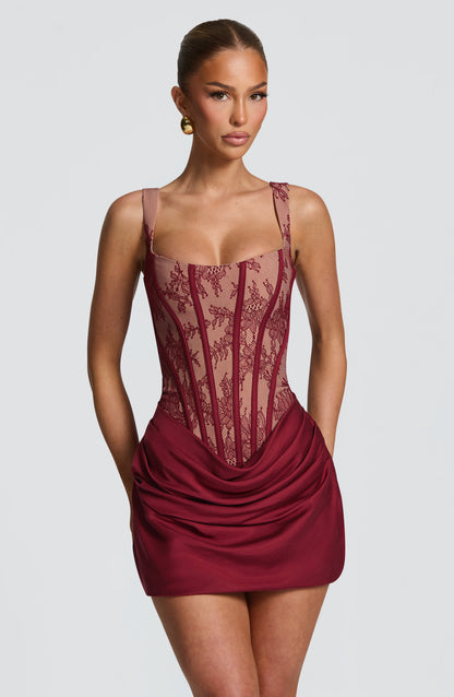 Bordo Dantel Korse Drapeli Mini Elbise | Velauras