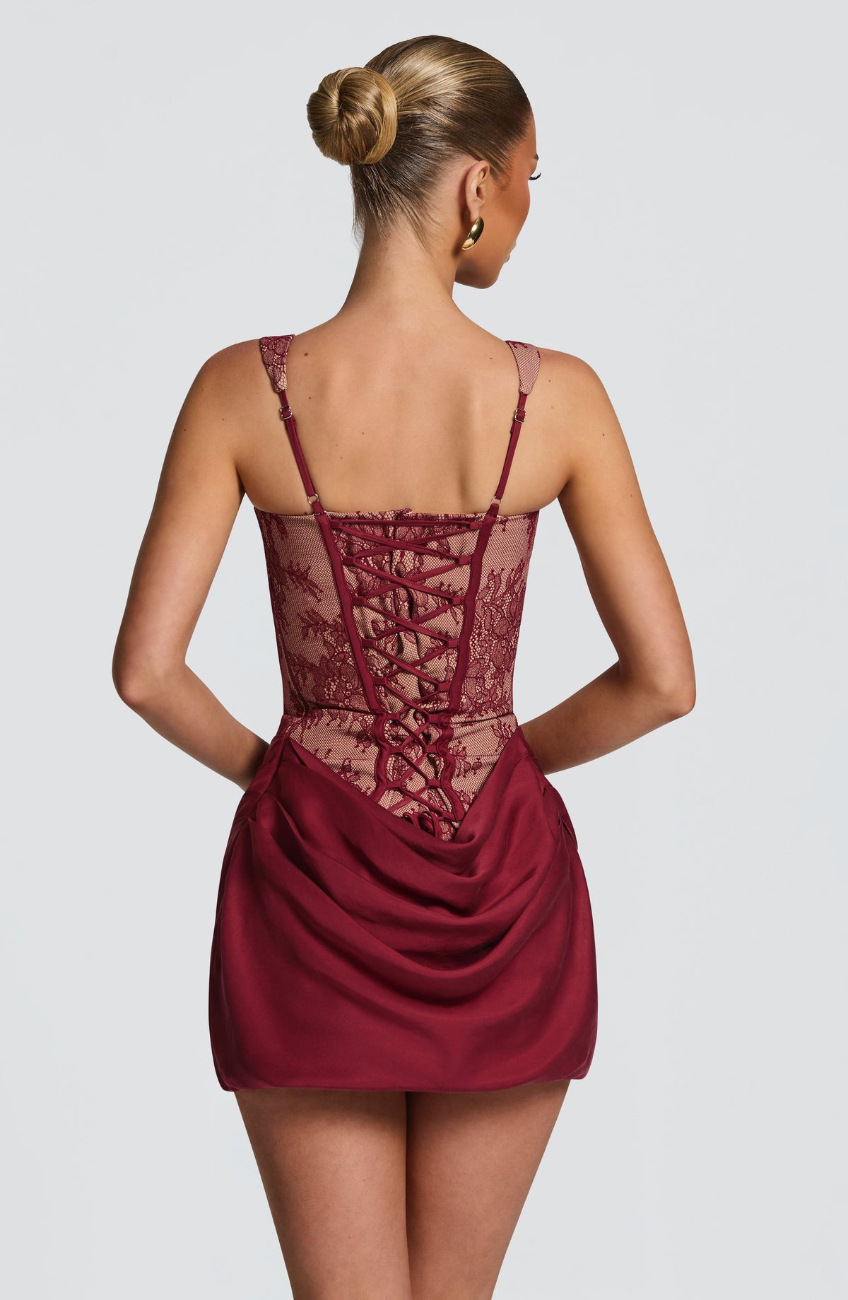 Bordo Dantel Korse Drapeli Mini Elbise | Velauras