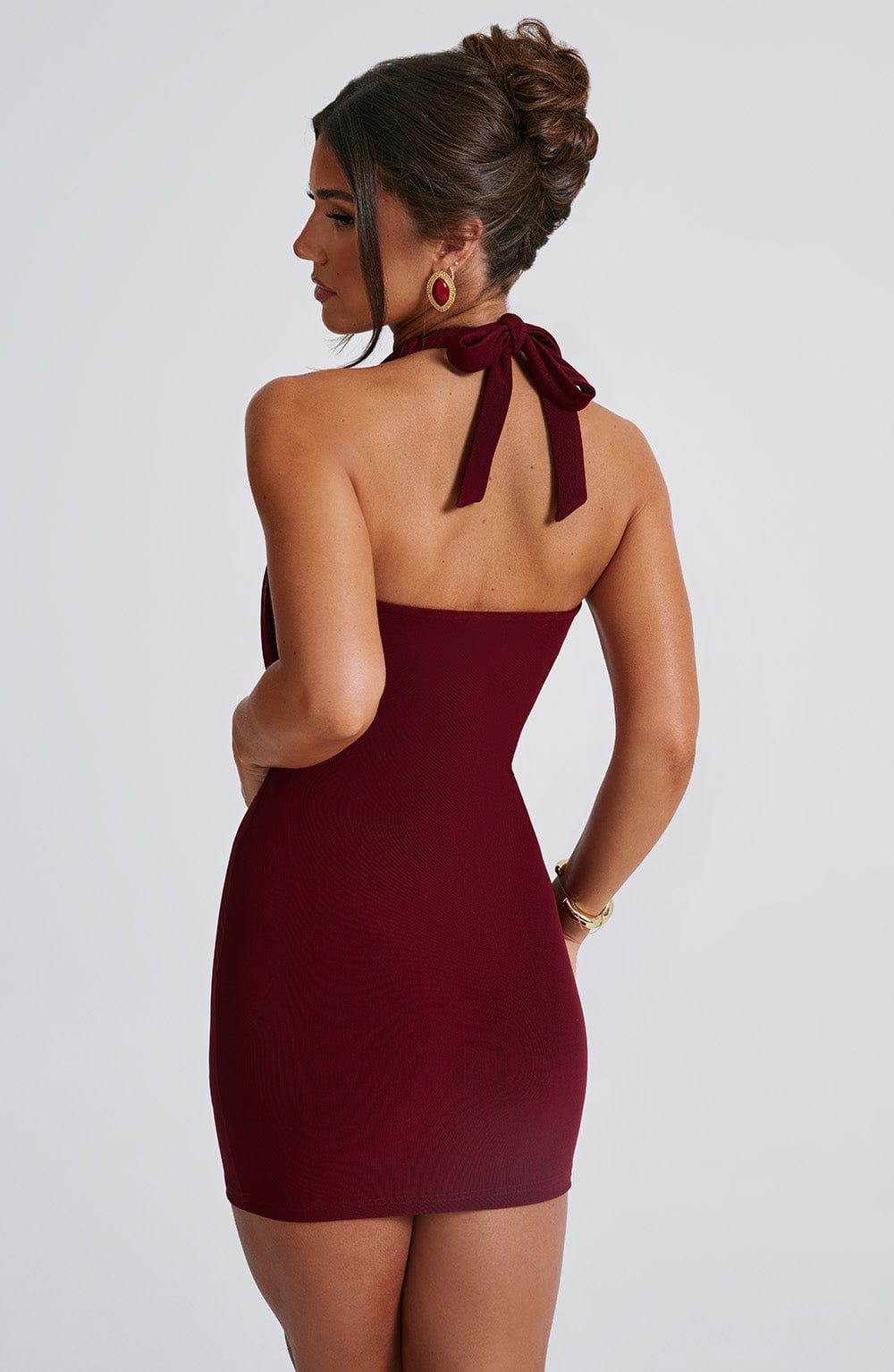 Bordo Dökümlü Yaka Halter Mini Elbise | Velauras