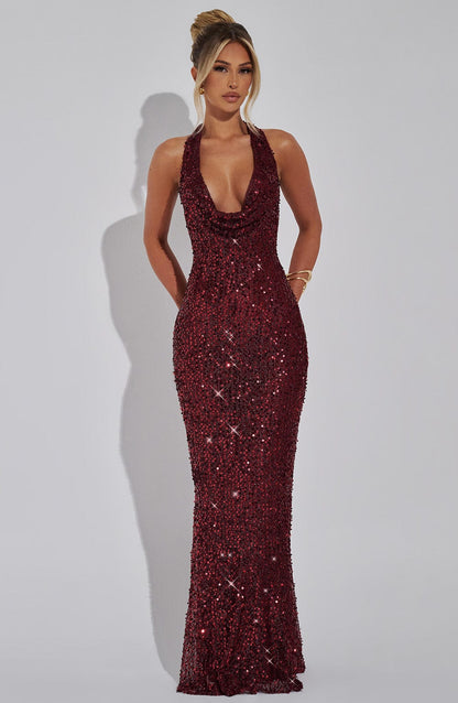 Velauras™ Lorena Maxi Elbise - Şarap Astarlı