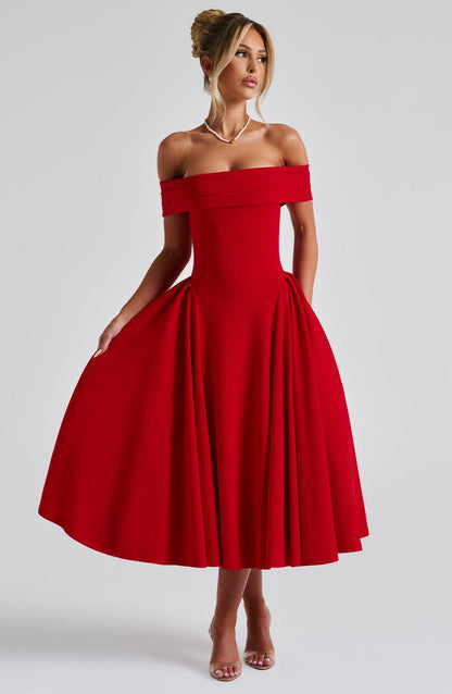 Velauras™ Miranda Midi Elbise - Kırmızı