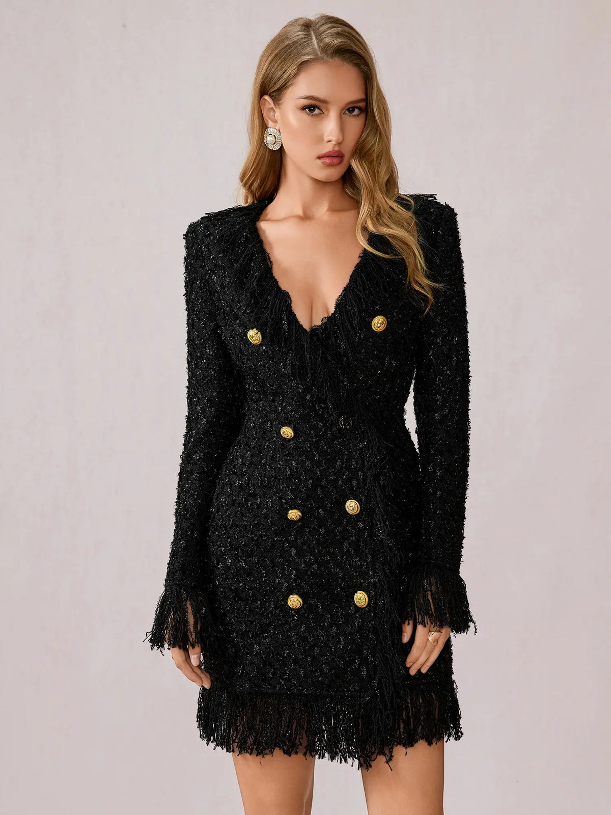 Black Fringe V-Neck Mini Dress|NOOSGOP