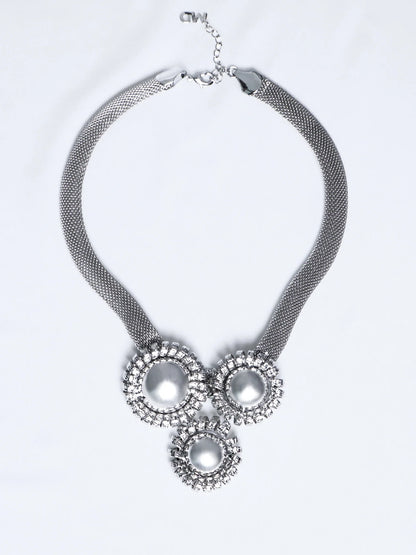Silver Large Flower Beaded Necklace Earring Set|NOOSGOP