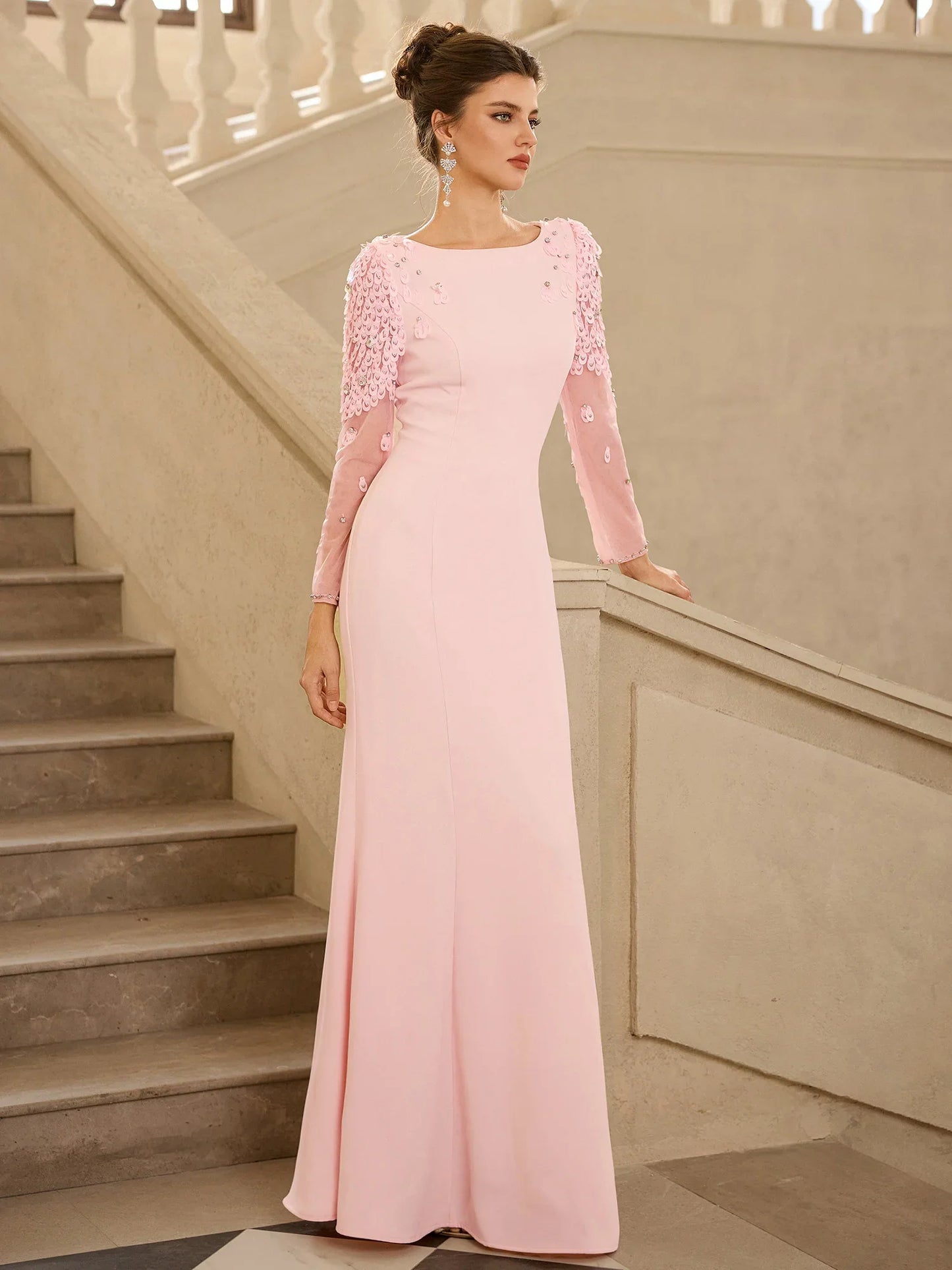 legant Pink Floral Detail Evening Maxi Dress|NOOSGOP