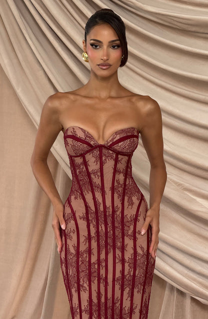 Bordo Straplez Dantel Korse Maxi Elbise | Velauras