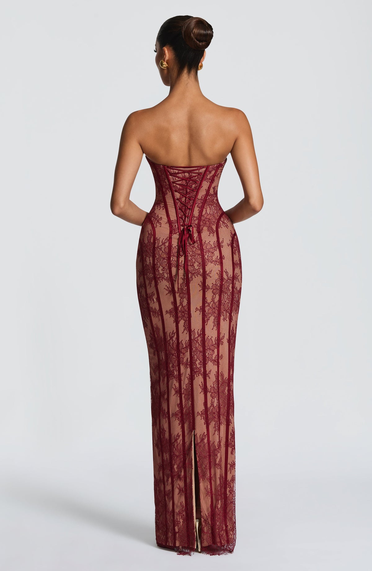 Bordo Straplez Dantel Korse Maxi Elbise | Velauras